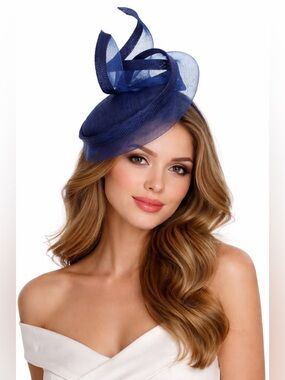 Kentucky Derby Navy Fascinator Hat w Headband Tea Formal Church Headwear